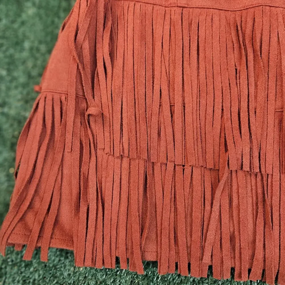 FLYING TOMATO Womens M Red Faux Suede Fringe Skirt Side Zip Western Bohemian
